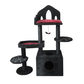 Black Gothic Cat Tree, Multi-Level Spooky Cat Tree with Scratching Posts, Perches, Hammock