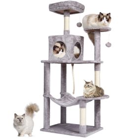 Cat Tree for Indoor Cats, 56.2" Cat Tower with Cat Condo, Sisal Scratching Post, Hammock, Top Perch, Jumping Platforms, Large Cat House with Hang Ball